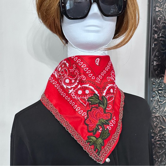 Bandana Neck Scarf OOAK Handmade With Embroidered patch Floral and Lace - Picture 4 of 11